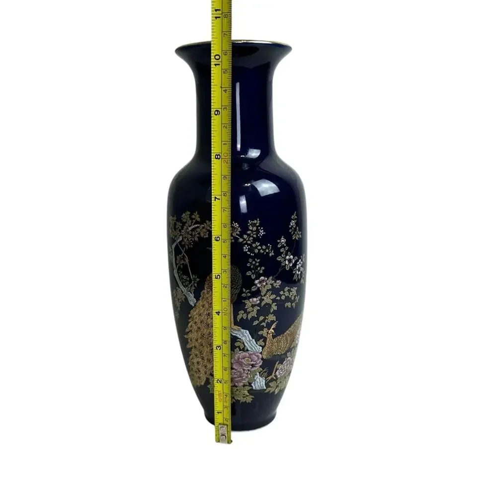 Vintage Peacock Japanese Cobalt Vase National Silver Company Nagoya Japan